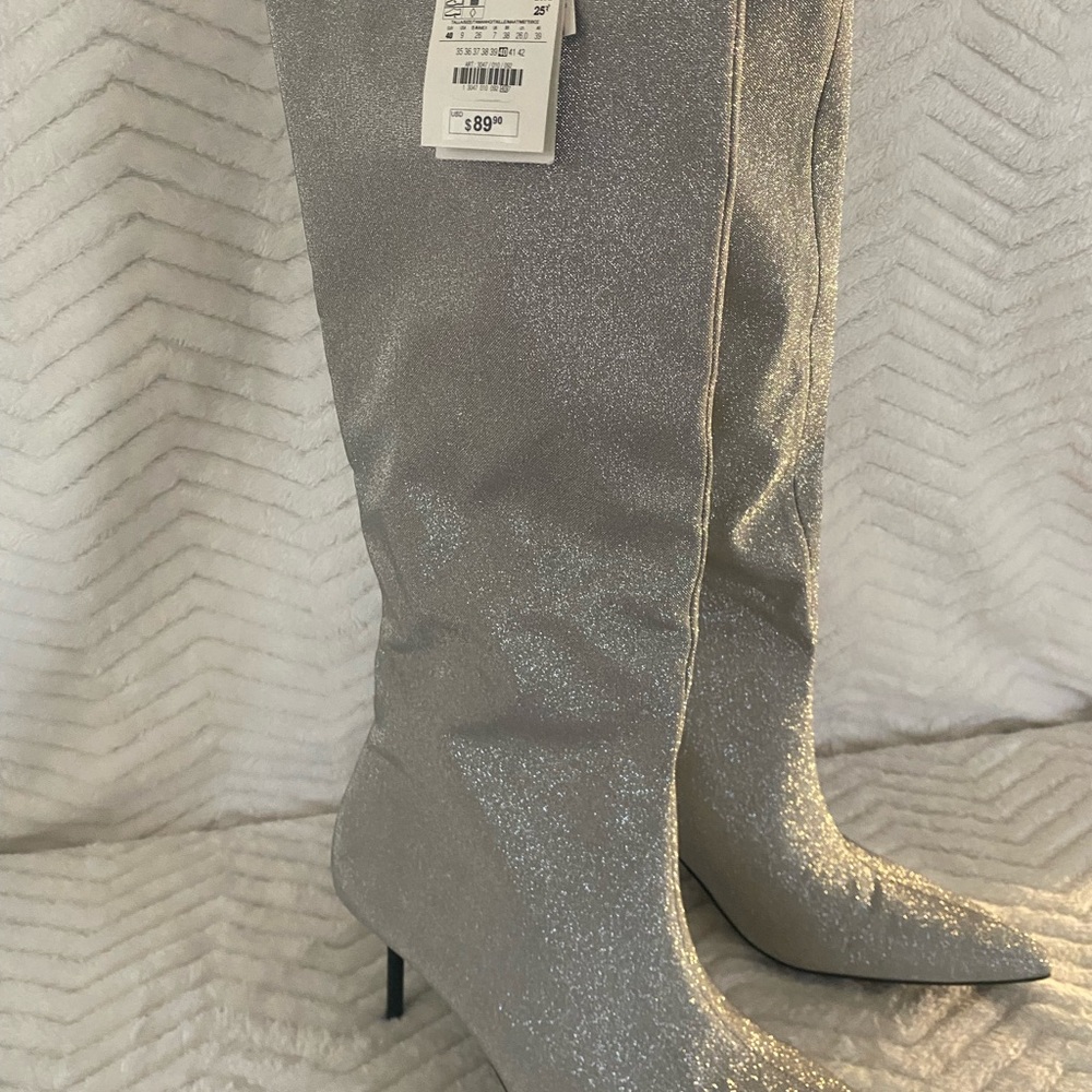Zara Glitter Boots silver metallic size 9 / 40  Kitten Heel- NEW! 🪩✨🪩✨